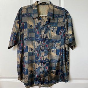 T. Corner Thai Silk Tan & Blue Abstract Boat Sailing Button Down Sleeve